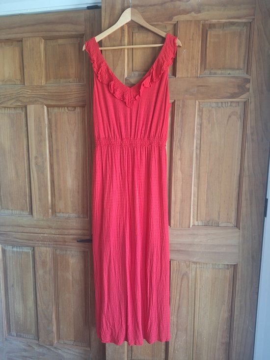 RW&CO. Dresses & Skirts - Bright Red Maxi Summer Dress Woth Ruffle Neckline And Open Back